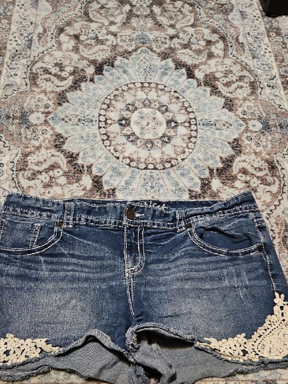 Maurices Blue Denim Jean Shorts with Cream Lace Trim - Picture 2 of 6
